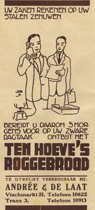 717413 Advertentie voor Ten Hoeve's Roggebrood, dat in Utrecht verkrijgbaar is bij de N.V. Luxe Broodbakkerijen v.h. ...